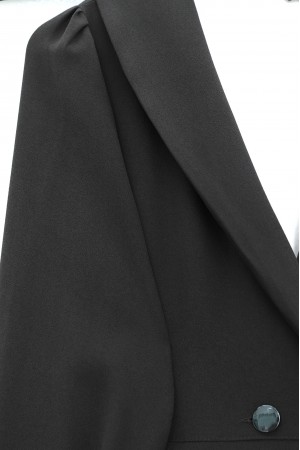 Çİft Düğmeli Cepli Beli Lastikli Pantolonlu İkili Krep Takım -Siyah