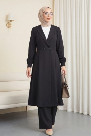 Çİft Düğmeli Cepli Beli Lastikli Pantolonlu İkili Krep Takım -Siyah