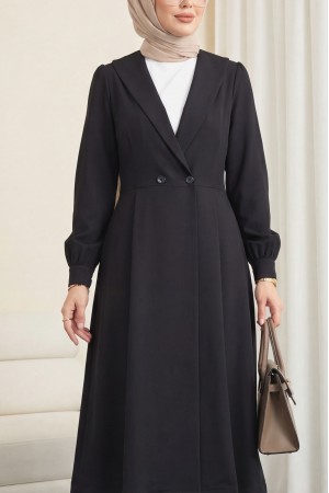 Çİft Düğmeli Cepli Beli Lastikli Pantolonlu İkili Krep Takım -Siyah