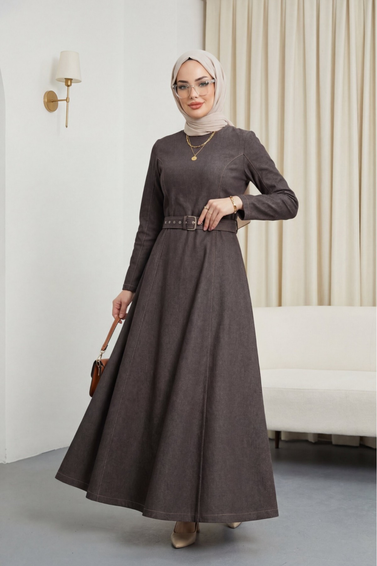 Denim Dress with Flared Skirt, Zipper and Belt -Light coffee