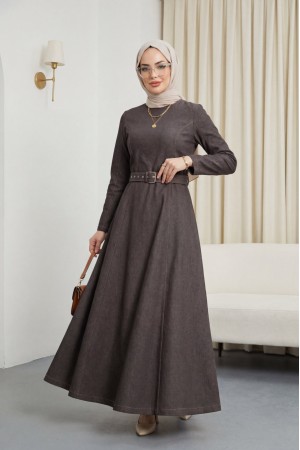 Denim Dress with Flared Skirt, Zipper and Belt -Light coffee