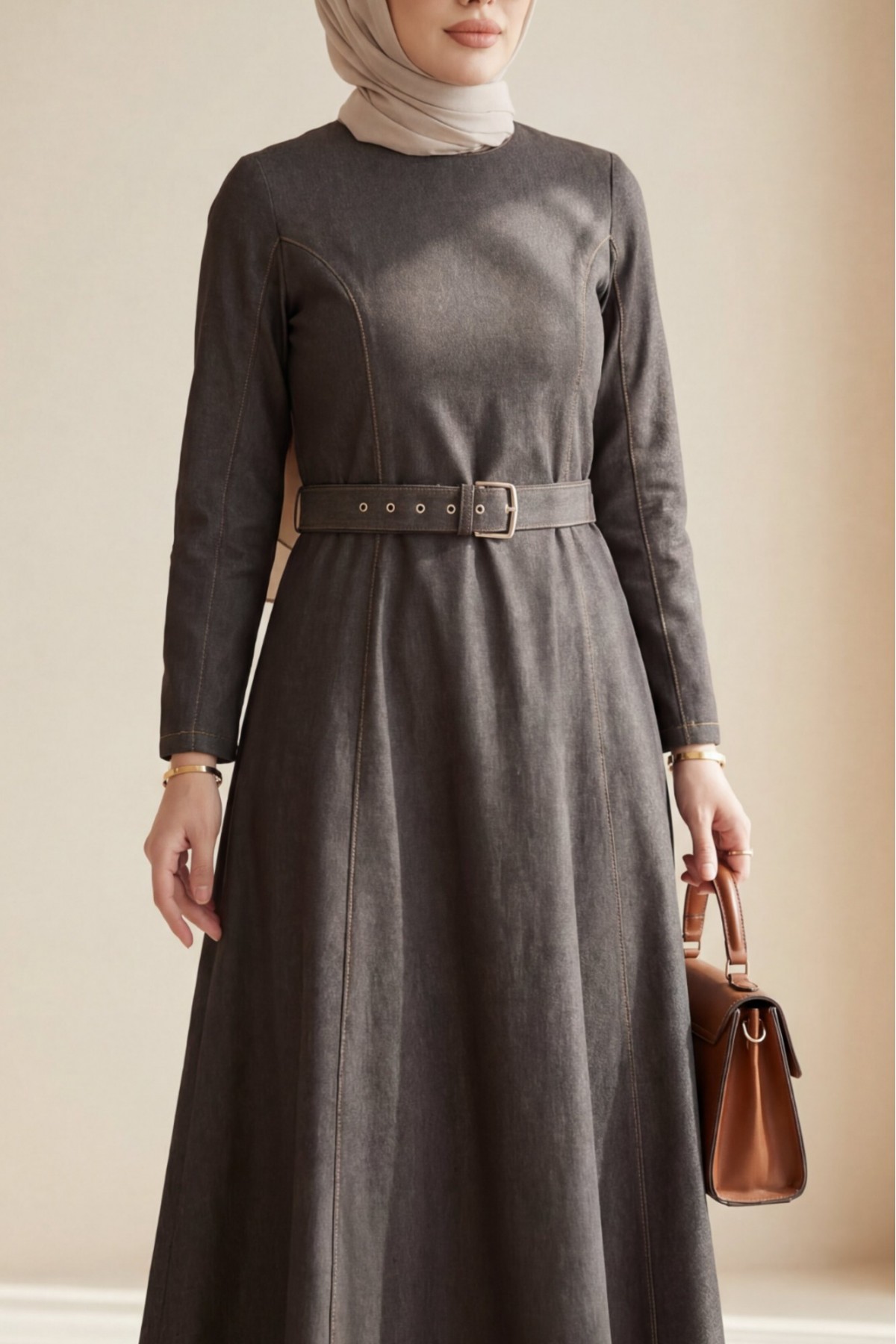 Denim Dress with Flared Skirt, Zipper and Belt -Light coffee