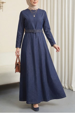 Denim Dress with Flared Skirt, Zipper and Belt -Navy blue