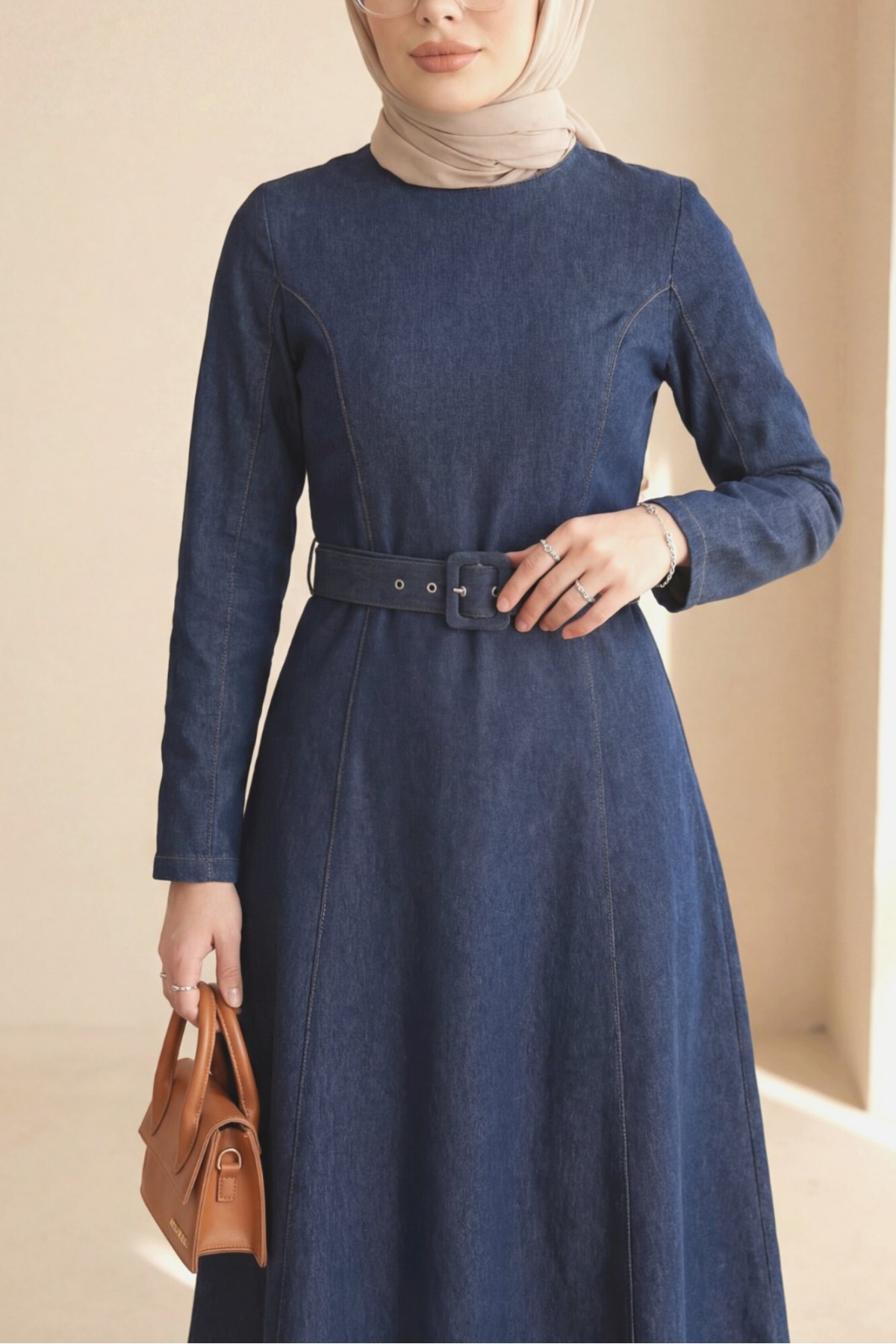 Denim Dress with Flared Skirt, Zipper and Belt -Navy blue