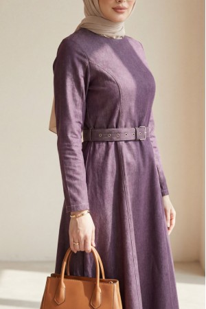 Kloş Etekli Fermuarlı Kemerli Kot Elbise -Mürdüm