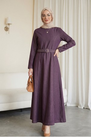 Kloş Etekli Fermuarlı Kemerli Kot Elbise -Mürdüm