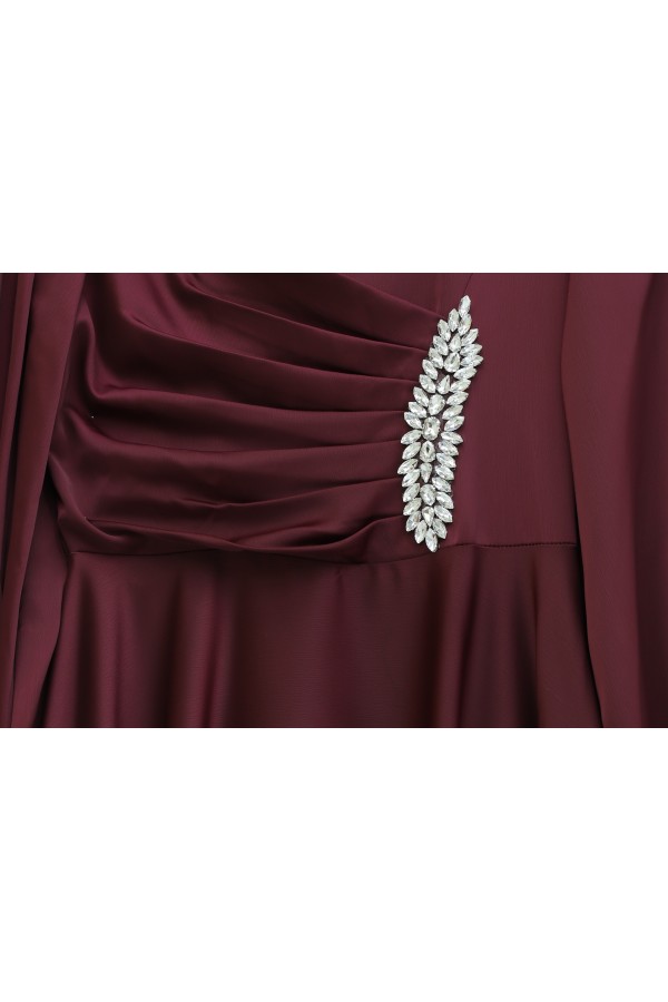 Satin Dress with Draped Front and Stone Embellishments -Maroon