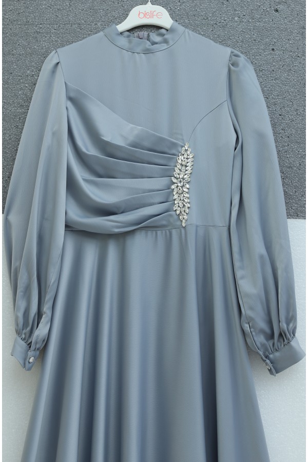 Satin Dress with Draped Front and Stone Embellishments -Silver