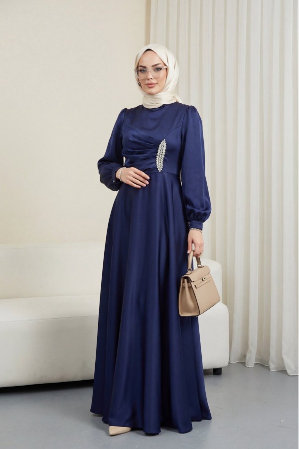 Satin Dress with Draped Front and Stone Embellishments -Navy blue