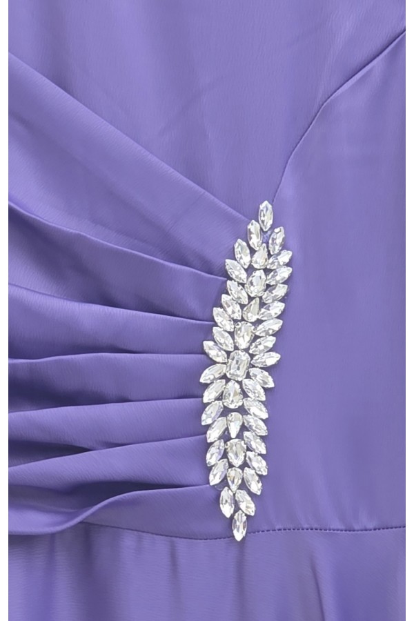 Satin Dress with Draped Front and Stone Embellishments -Lilac