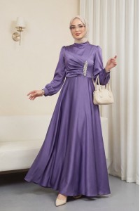 Önü Drapeli Taş Detaylı Saten Elbise -Lila