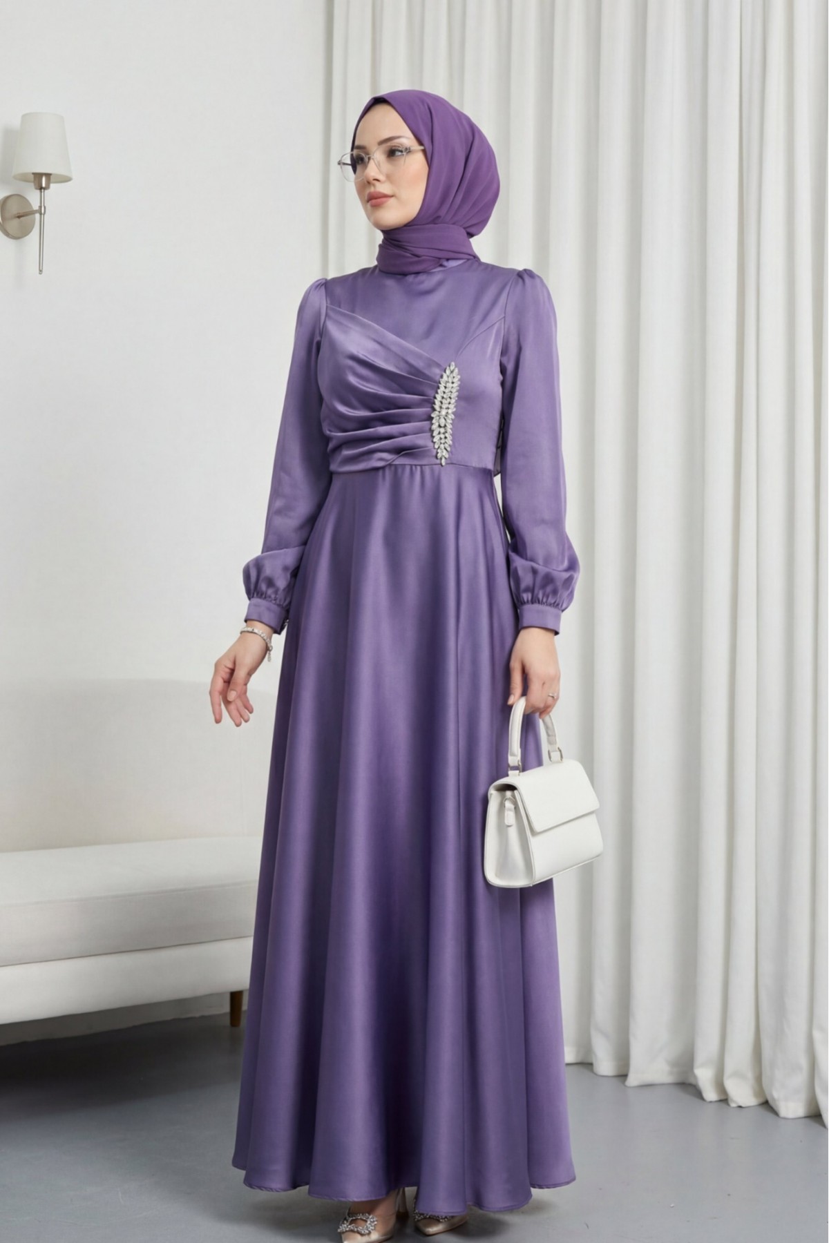Satin Dress with Draped Front and Stone Embellishments -Lilac