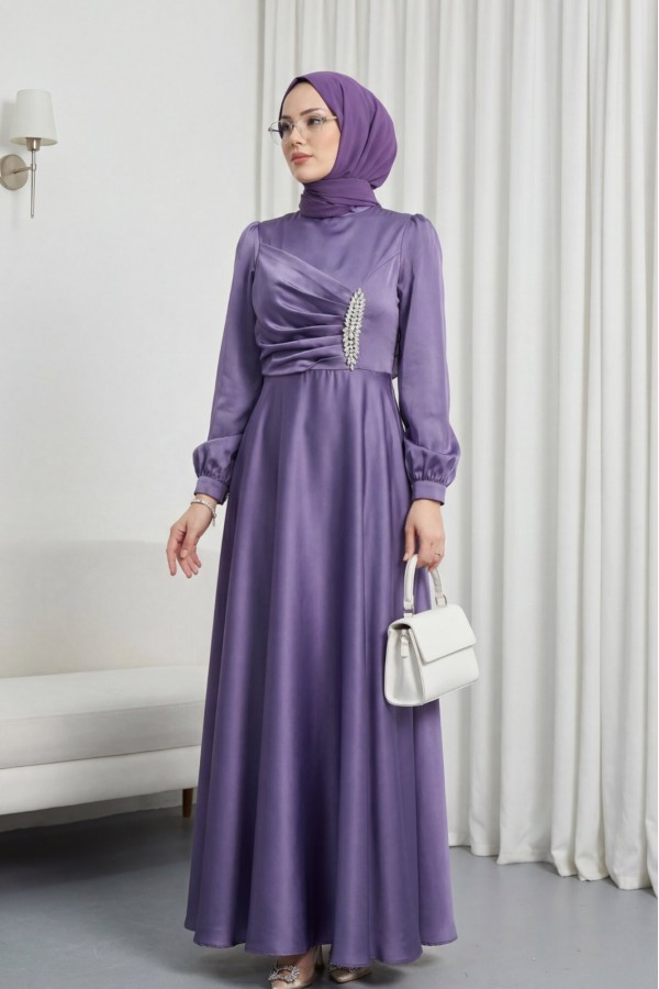 Satin Dress with Draped Front and Stone Embellishments -Lilac