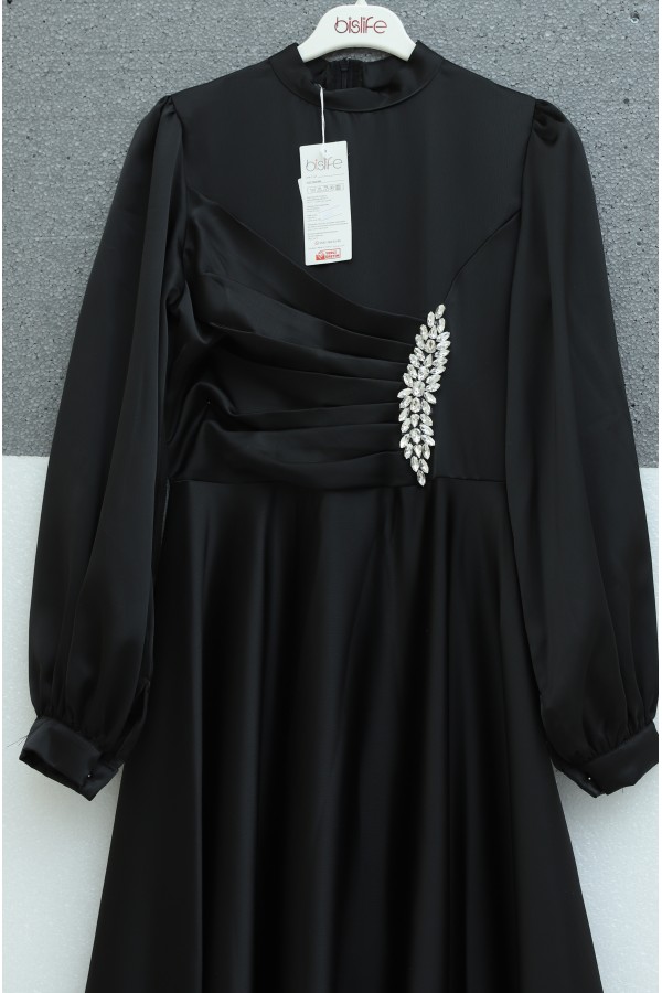 Satin Dress with Draped Front and Stone Embellishments -Black