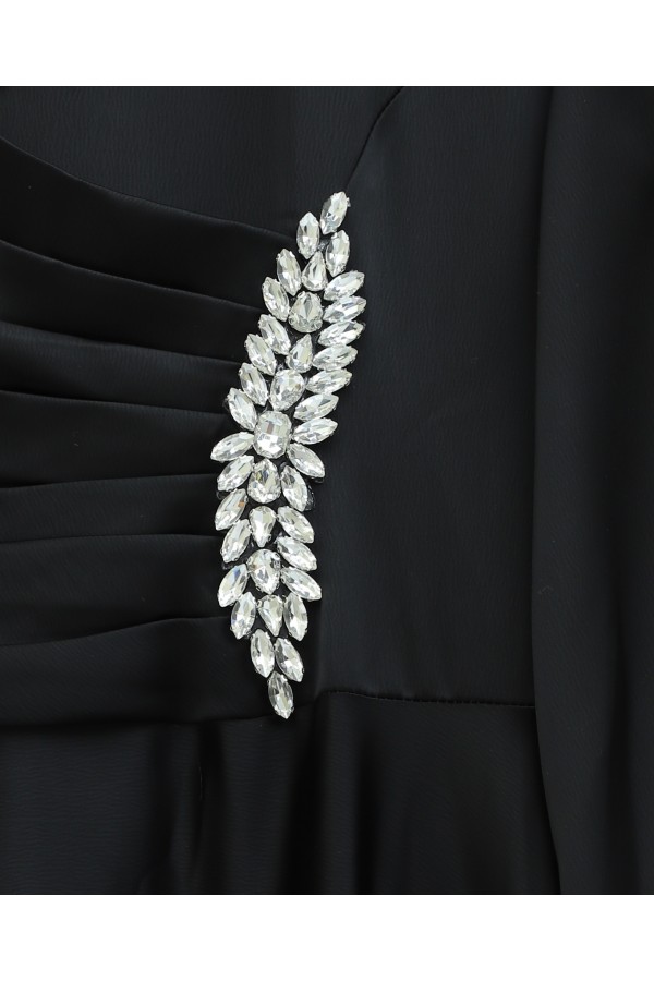 Satin Dress with Draped Front and Stone Embellishments -Black