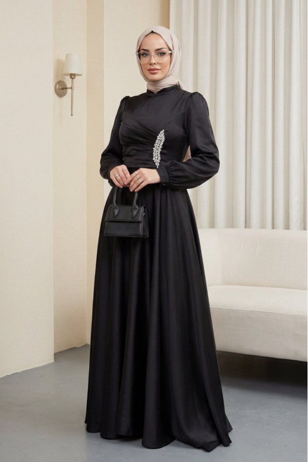 Satin Dress with Draped Front and Stone Embellishments -Black