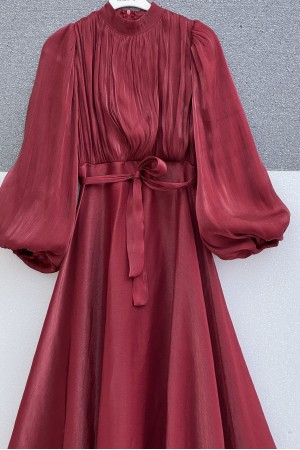 Eteği Volanlı Kemerli Janjan Şifon Elbise -Bordo