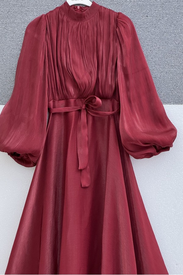 Shimmering Chiffon Dress with Ruffled Skirt and Belt -Maroon