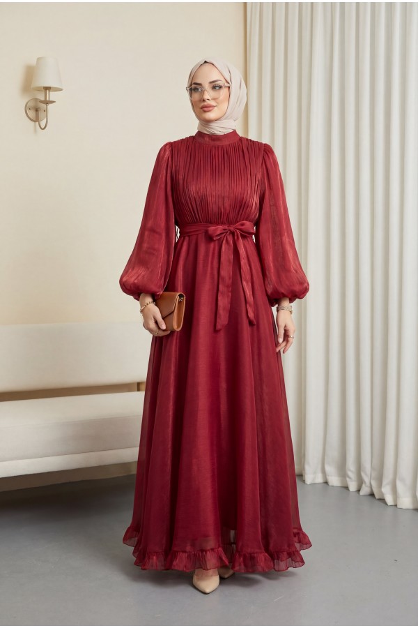 Shimmering Chiffon Dress with Ruffled Skirt and Belt -Maroon