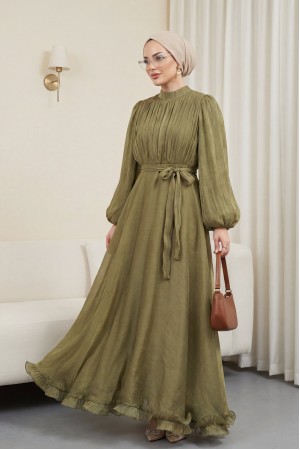 Eteği Volanlı Kemerli Janjan Şifon Elbise -Haki