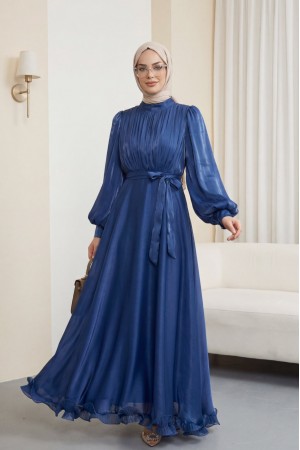 Eteği Volanlı Kemerli Janjan Şifon Elbise -Laci