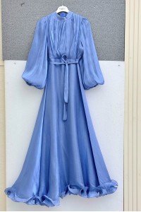 Eteği Volanlı Kemerli Janjan Şifon Elbise -Mavi