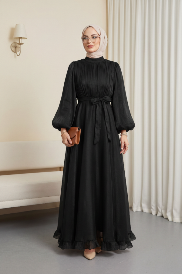 Shimmering Chiffon Dress with Ruffled Skirt and Belt -Black