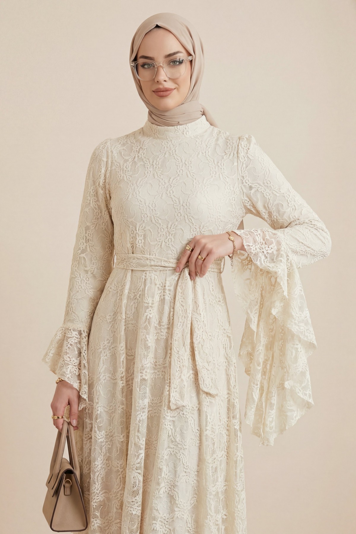 Floral Patterned Guipure Lace Dress with Ruffled Sleeves, Belt, and Lining -Light Mink