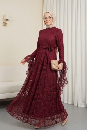Floral Patterned Guipure Lace Dress with Ruffled Sleeves, Belt, and Lining -Maroon