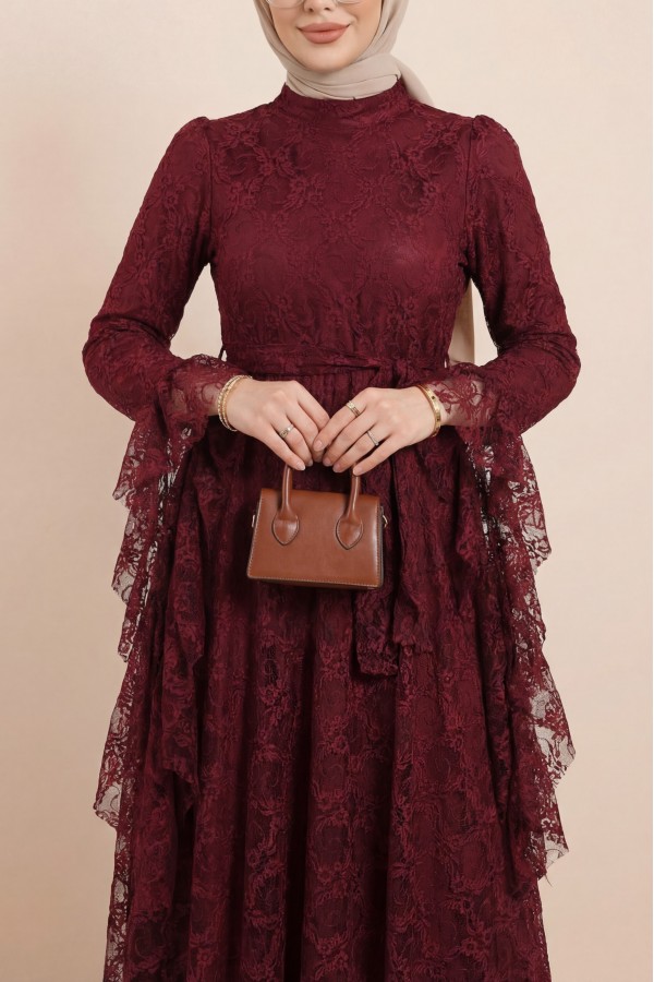 Floral Patterned Guipure Lace Dress with Ruffled Sleeves, Belt, and Lining -Maroon