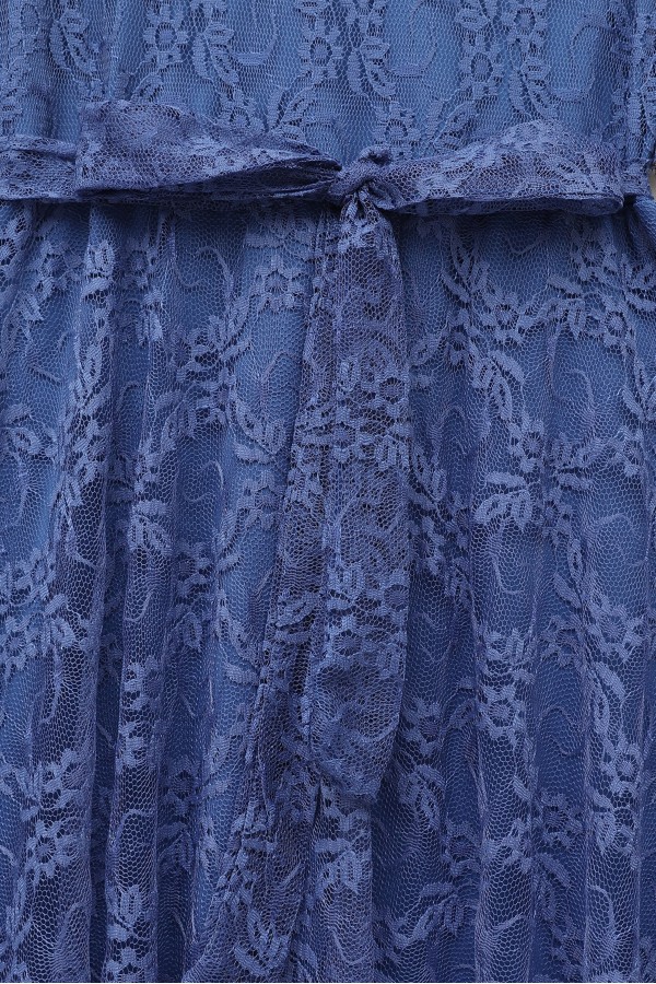 Floral Patterned Guipure Lace Dress with Ruffled Sleeves, Belt, and Lining -İndigo