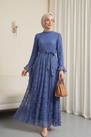 Floral Patterned Guipure Lace Dress with Ruffled Sleeves, Belt, and Lining -İndigo