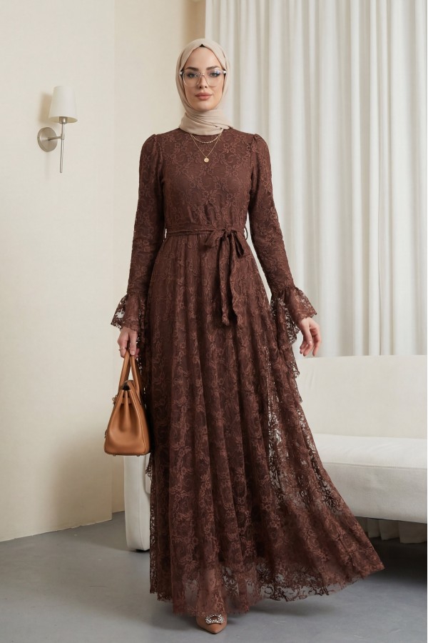 Floral Patterned Guipure Lace Dress with Ruffled Sleeves, Belt, and Lining -Brown