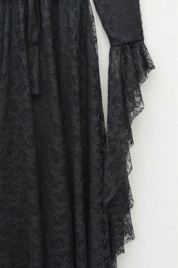 Floral Patterned Guipure Lace Dress with Ruffled Sleeves, Belt, and Lining -Black