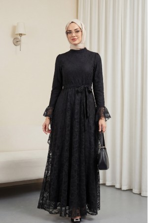 Floral Patterned Guipure Lace Dress with Ruffled Sleeves, Belt, and Lining -Black