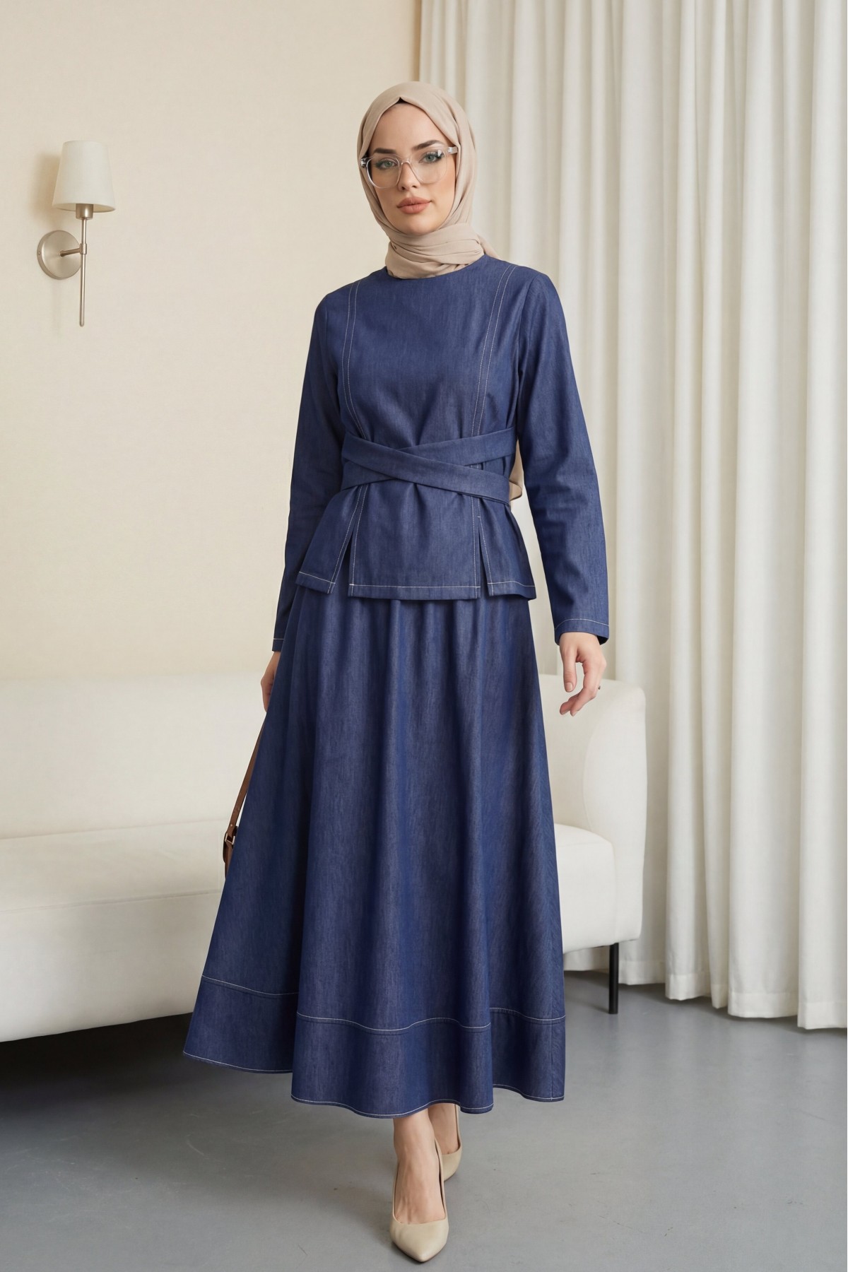 Round Neck, Cross-Tie Waist, Skirted Tencel Set -كحلي