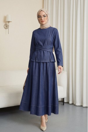 Yuvarlak Yaka Beli Çapraz Bağcıklı Etekli Tensel Takım -Laci