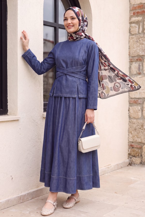 Round Neck, Cross-Tie Waist, Skirted Tencel Set -كحلي