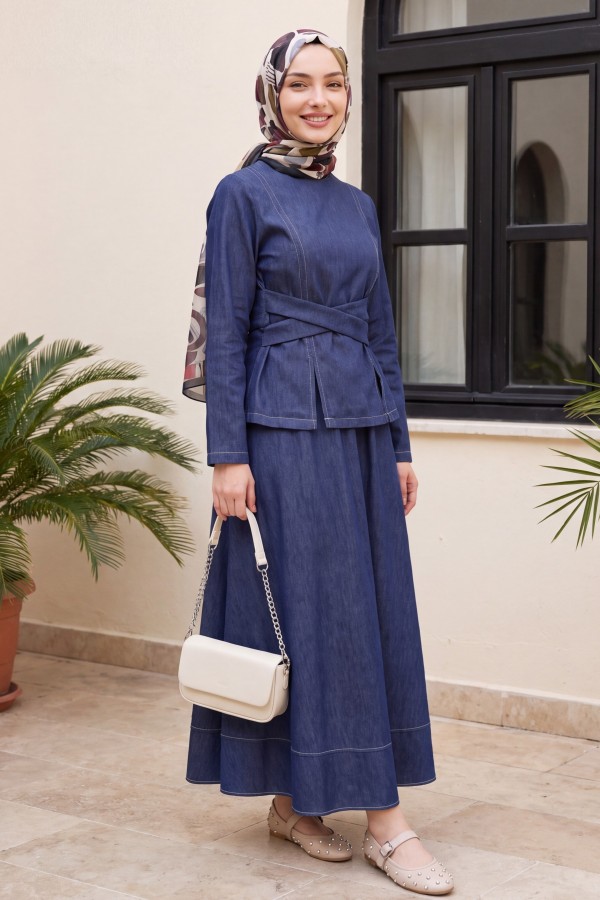 Round Neck, Cross-Tie Waist, Skirted Tencel Set -كحلي