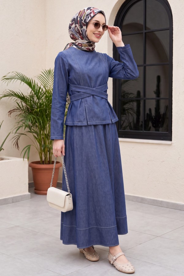 Round Neck, Cross-Tie Waist, Skirted Tencel Set -كحلي