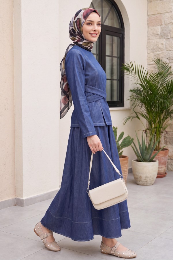 Round Neck, Cross-Tie Waist, Skirted Tencel Set -كحلي