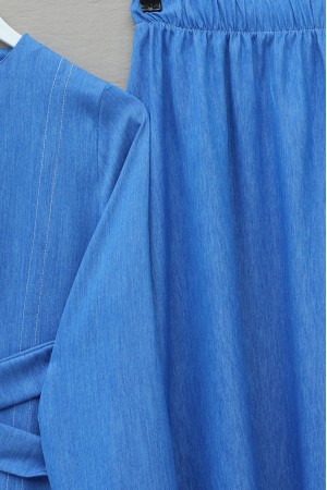 Yuvarlak Yaka Beli Çapraz Bağcıklı Etekli Tensel Takım -Mavi