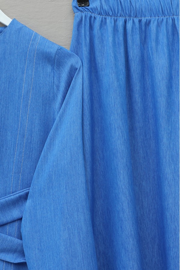 Round Neck, Cross-Tie Waist, Skirted Tencel Set -أزرق