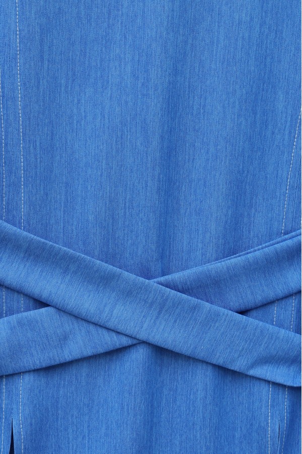 Round Neck, Cross-Tie Waist, Skirted Tencel Set -أزرق