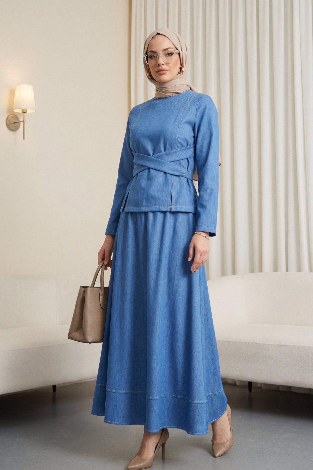 Round Neck, Cross-Tie Waist, Skirted Tencel Set -أزرق