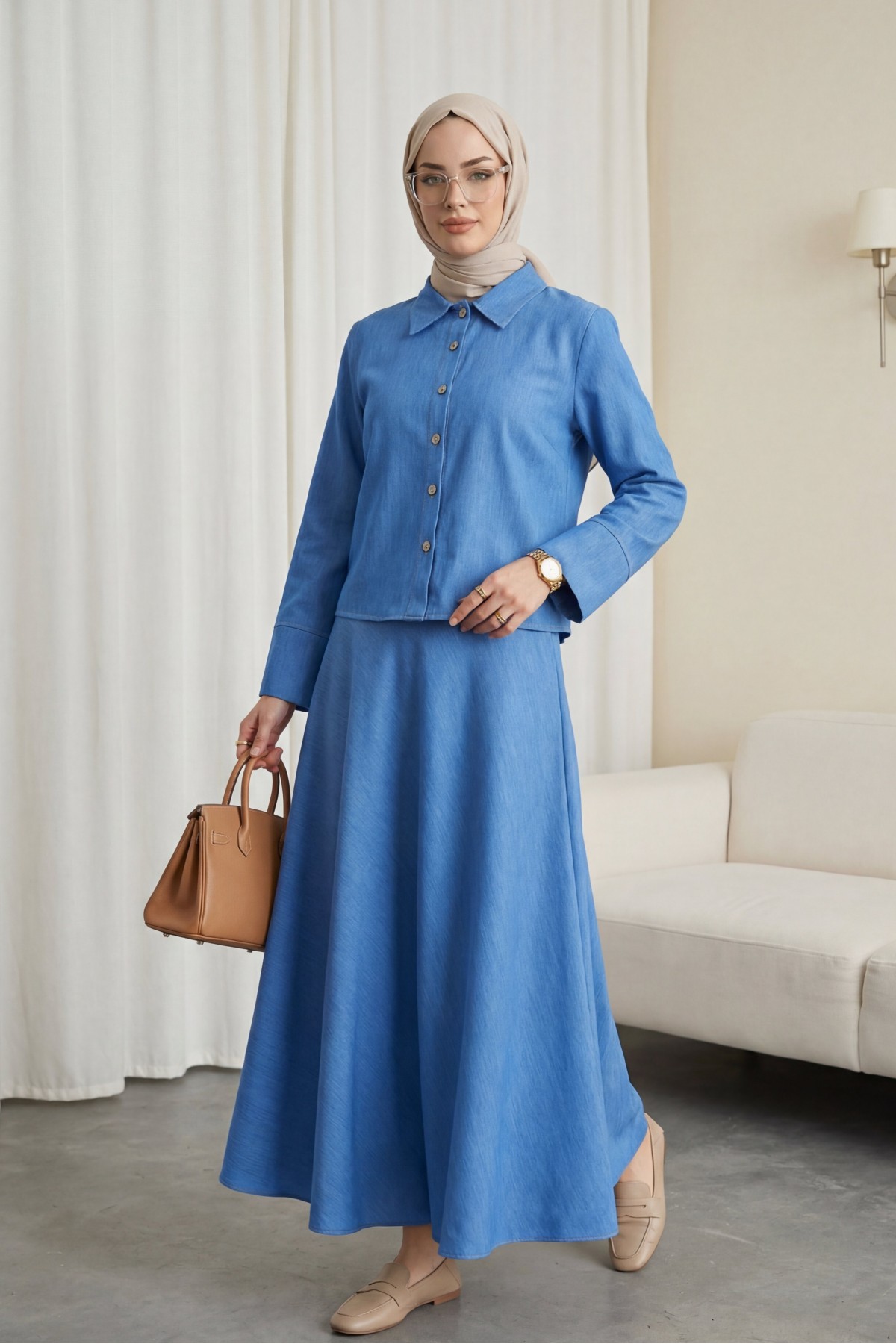 Button-down top, flared skirt Tencel set -Blue