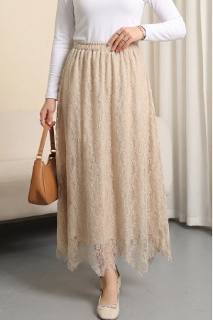 Asimetrik Kesim Astarlı Beli Lastikli Tül Etek -Bej