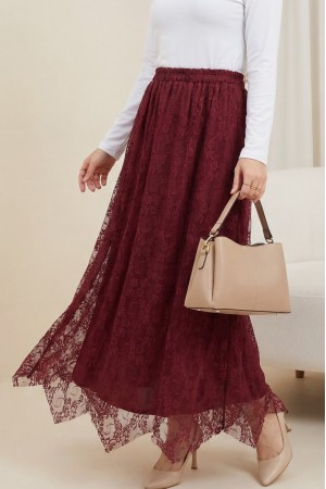 Asimetrik Kesim Astarlı Beli Lastikli Tül Etek -Bordo