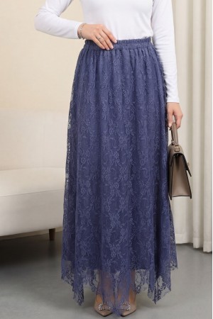 Asimetrik Kesim Astarlı Beli Lastikli Tül Etek -İndigo