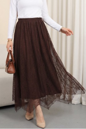 Asimetrik Kesim Astarlı Beli Lastikli Tül Etek -K. Kahve